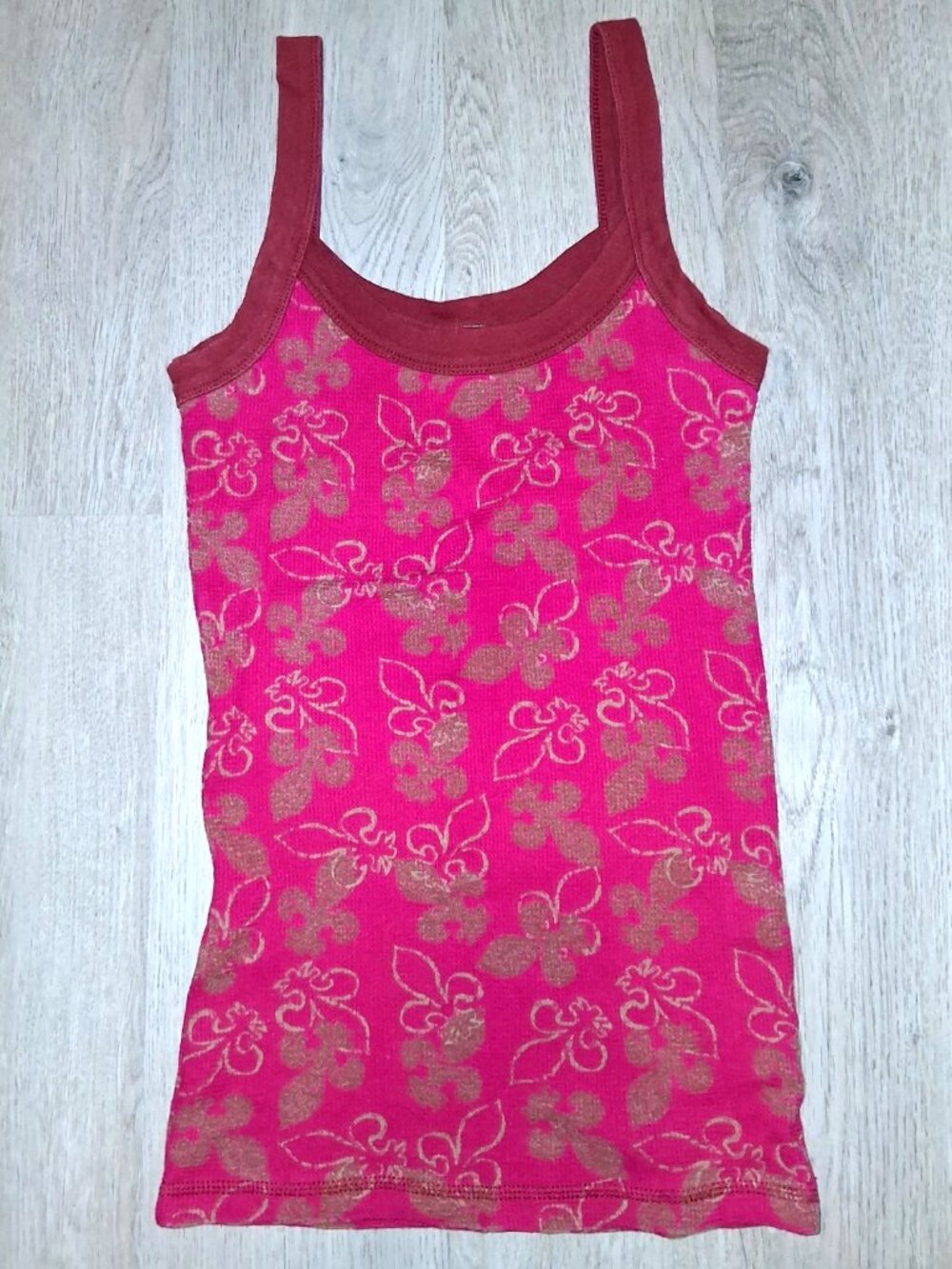 Vintage Y2k Fleur de Lis Pink and Gold Waffle Knit Tank Top Shirt Cami MEDIUM